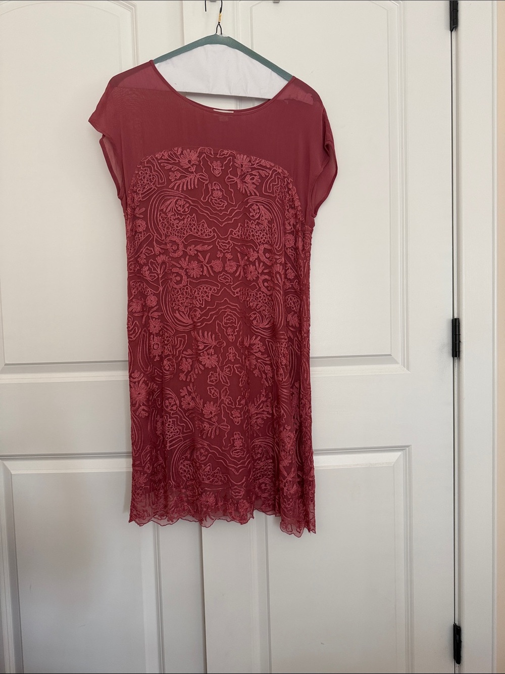 Lace Overlay Short Sleeve Dress in Rose Red